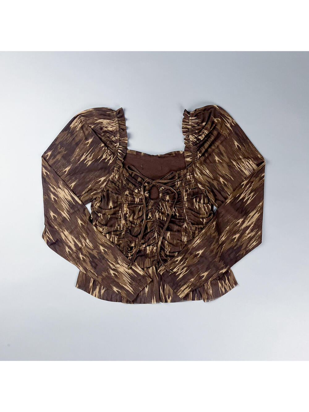 Y2K Brown Patterned Long Sleeve Ruched Front Top